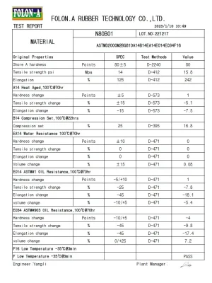NBR 80 shore A rubber material test report for sealing products